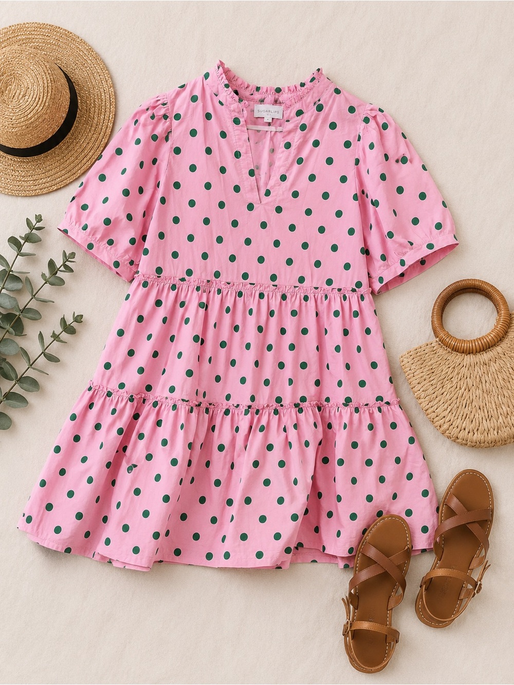 Sugarlips Pink Green Polka Dot Tiered Puff Sleeve Mini Dress Small